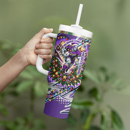 Personalized Melbourne Storm Rugby Christmas Tumbler With Handle Holiday Mascot Graphic Art Festive Lights Bow