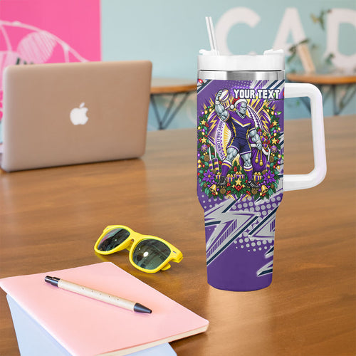 Personalized Melbourne Storm Rugby Christmas Tumbler With Handle Holiday Mascot Graphic Art Festive Lights Bow