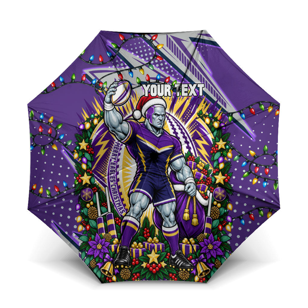 Personalized Melbourne Storm Rugby Christmas Umbrella Holiday Mascot Graphic Art Festive Lights Bow