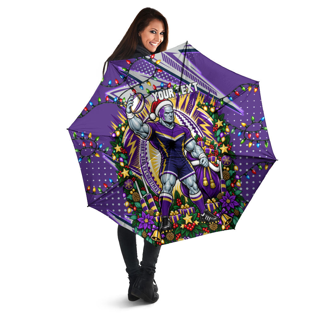 Personalized Melbourne Storm Rugby Christmas Umbrella Holiday Mascot Graphic Art Festive Lights Bow