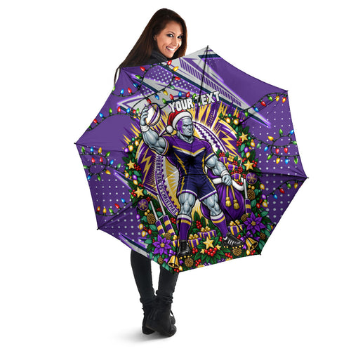 Personalized Melbourne Storm Rugby Christmas Umbrella Holiday Mascot Graphic Art Festive Lights Bow