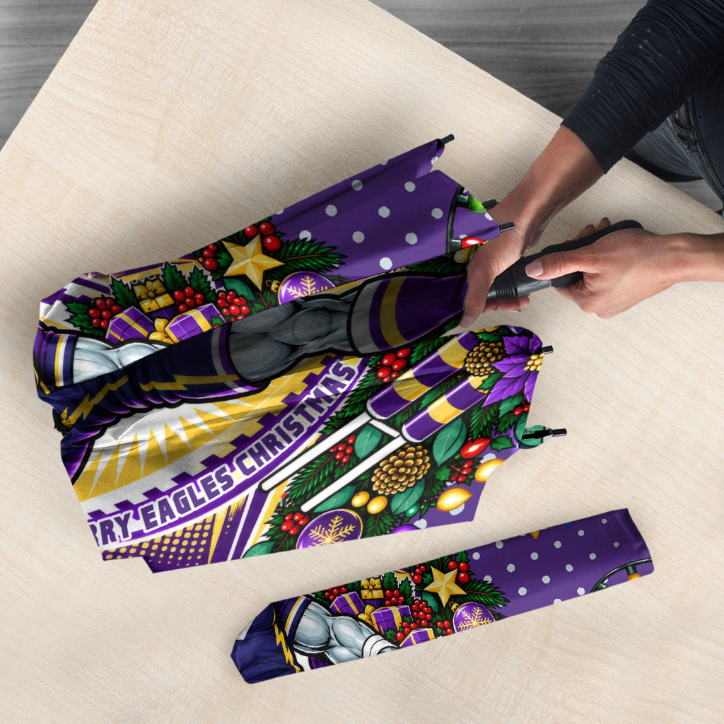 Personalized Melbourne Storm Rugby Christmas Umbrella Holiday Mascot Graphic Art Festive Lights Bow