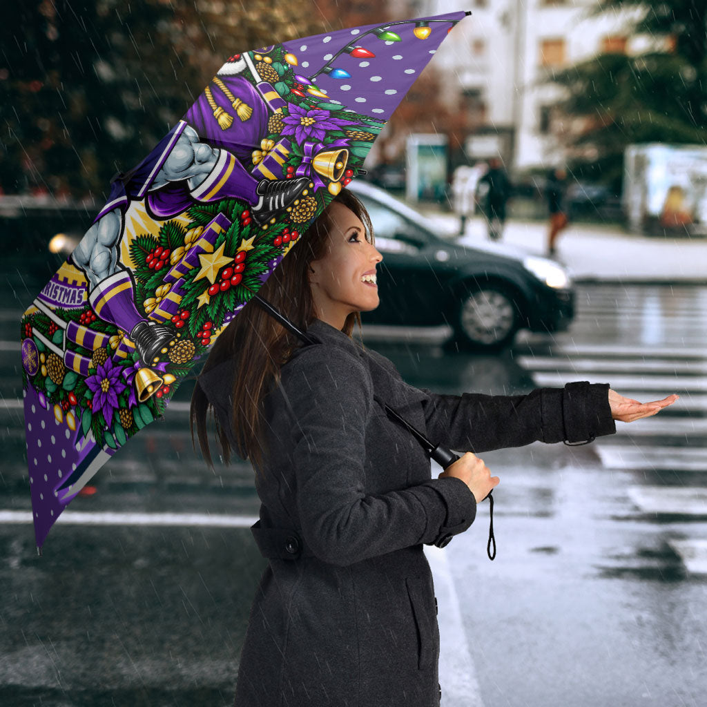 Personalized Melbourne Storm Rugby Christmas Umbrella Holiday Mascot Graphic Art Festive Lights Bow