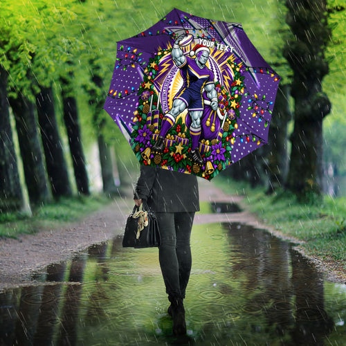 Personalized Melbourne Storm Rugby Christmas Umbrella Holiday Mascot Graphic Art Festive Lights Bow