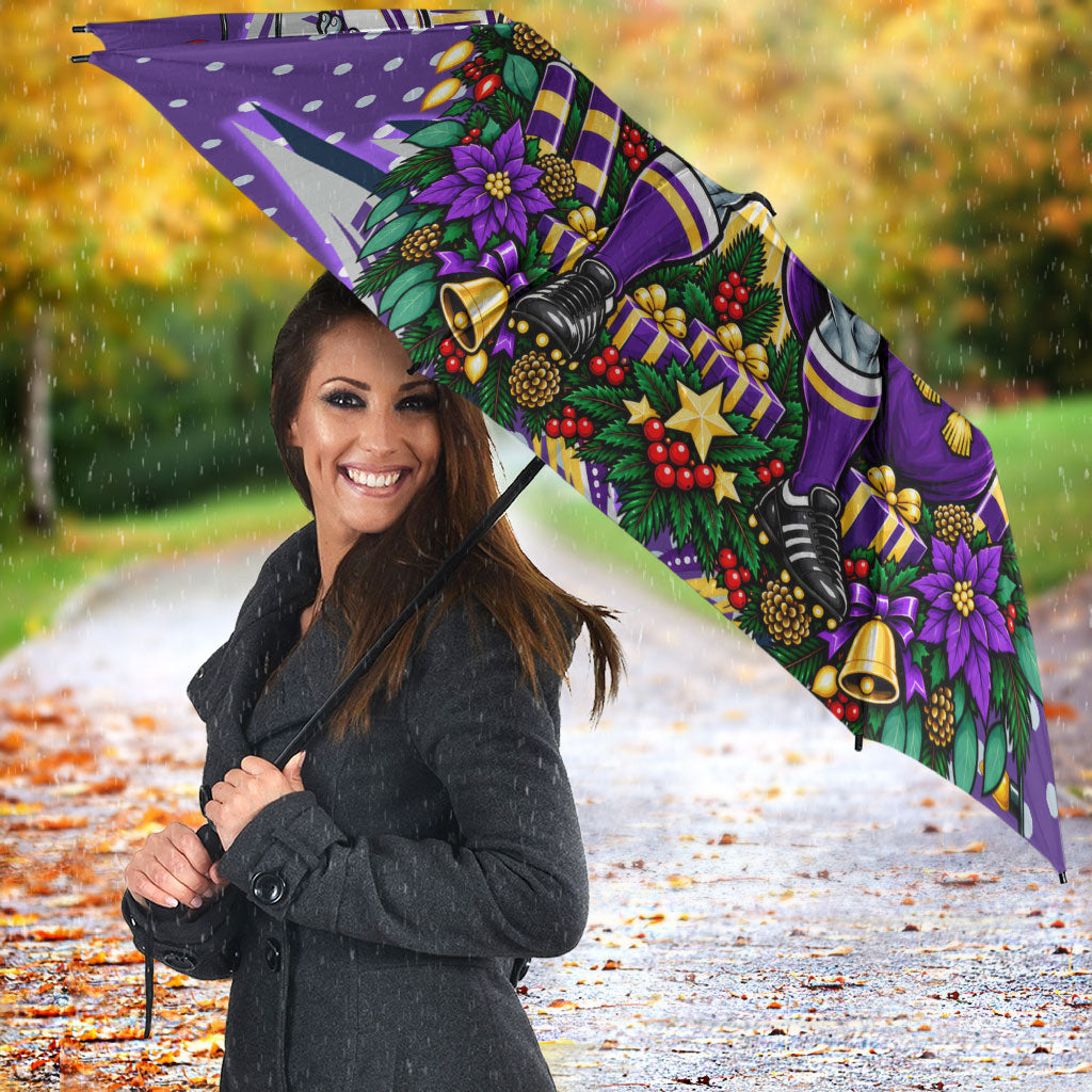 Personalized Melbourne Storm Rugby Christmas Umbrella Holiday Mascot Graphic Art Festive Lights Bow