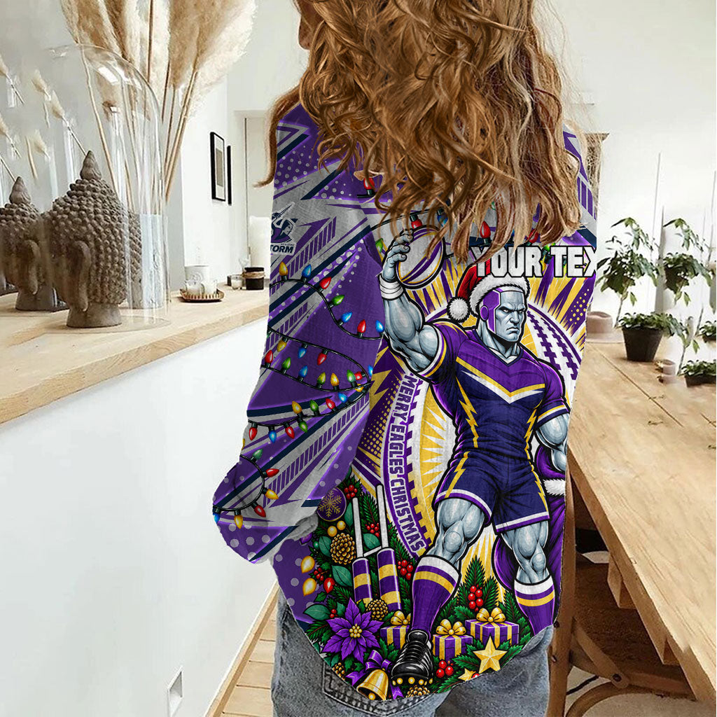 Personalized Melbourne Storm Rugby Christmas Women Casual Shirt Holiday Mascot Graphic Art Festive Lights Bow