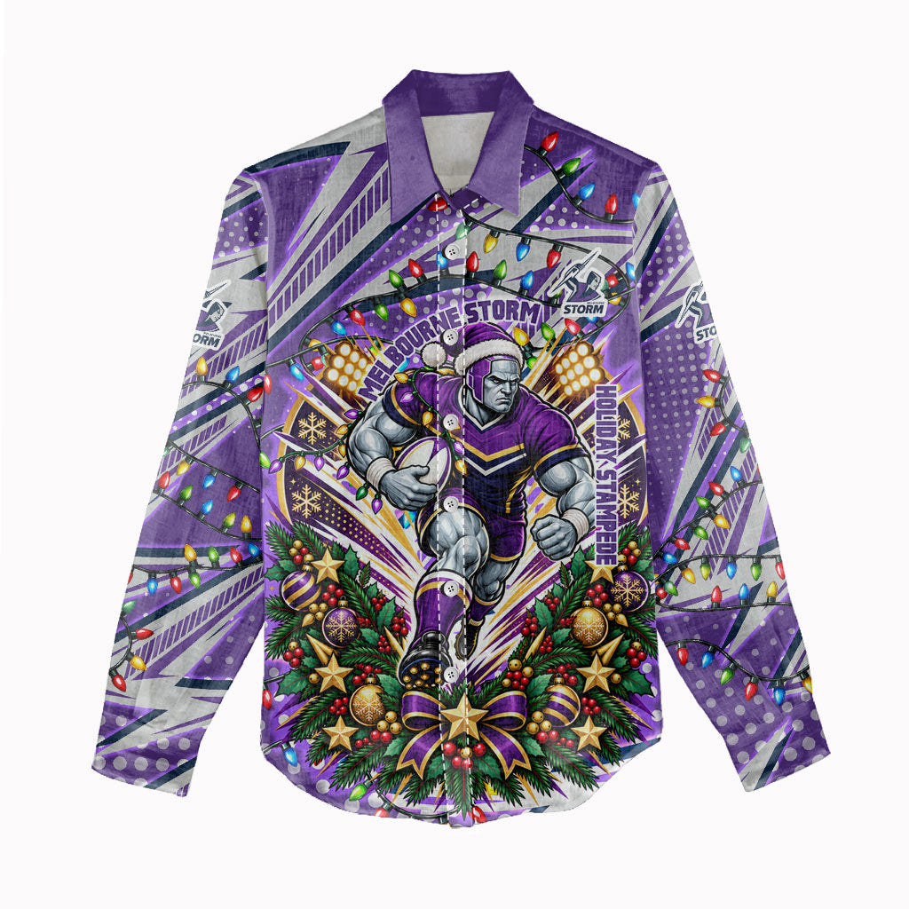 Personalized Melbourne Storm Rugby Christmas Women Casual Shirt Holiday Mascot Graphic Art Festive Lights Bow