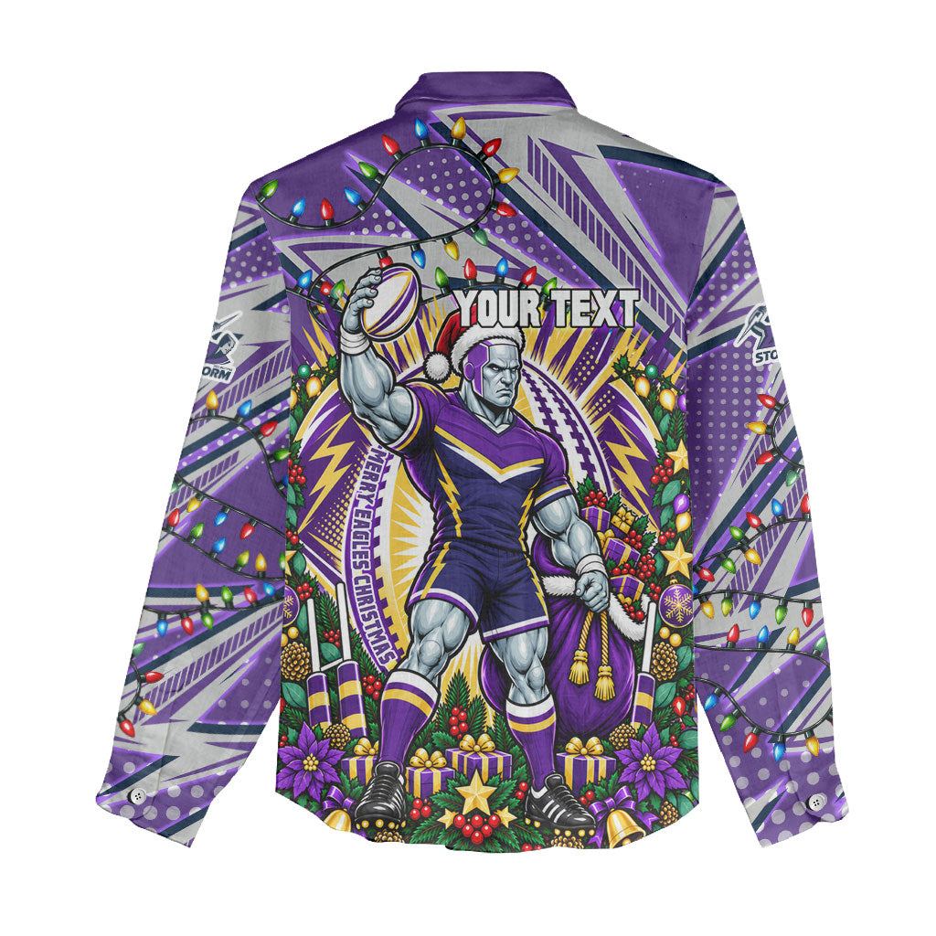Personalized Melbourne Storm Rugby Christmas Women Casual Shirt Holiday Mascot Graphic Art Festive Lights Bow