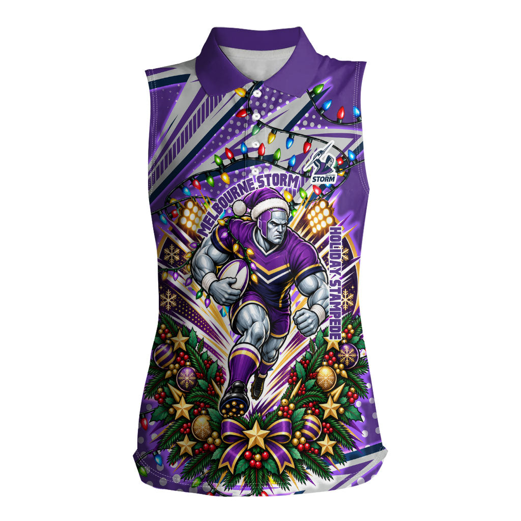 Personalized Melbourne Storm Rugby Christmas Women Sleeveless Polo Shirt Holiday Mascot Graphic Art Festive Lights Bow