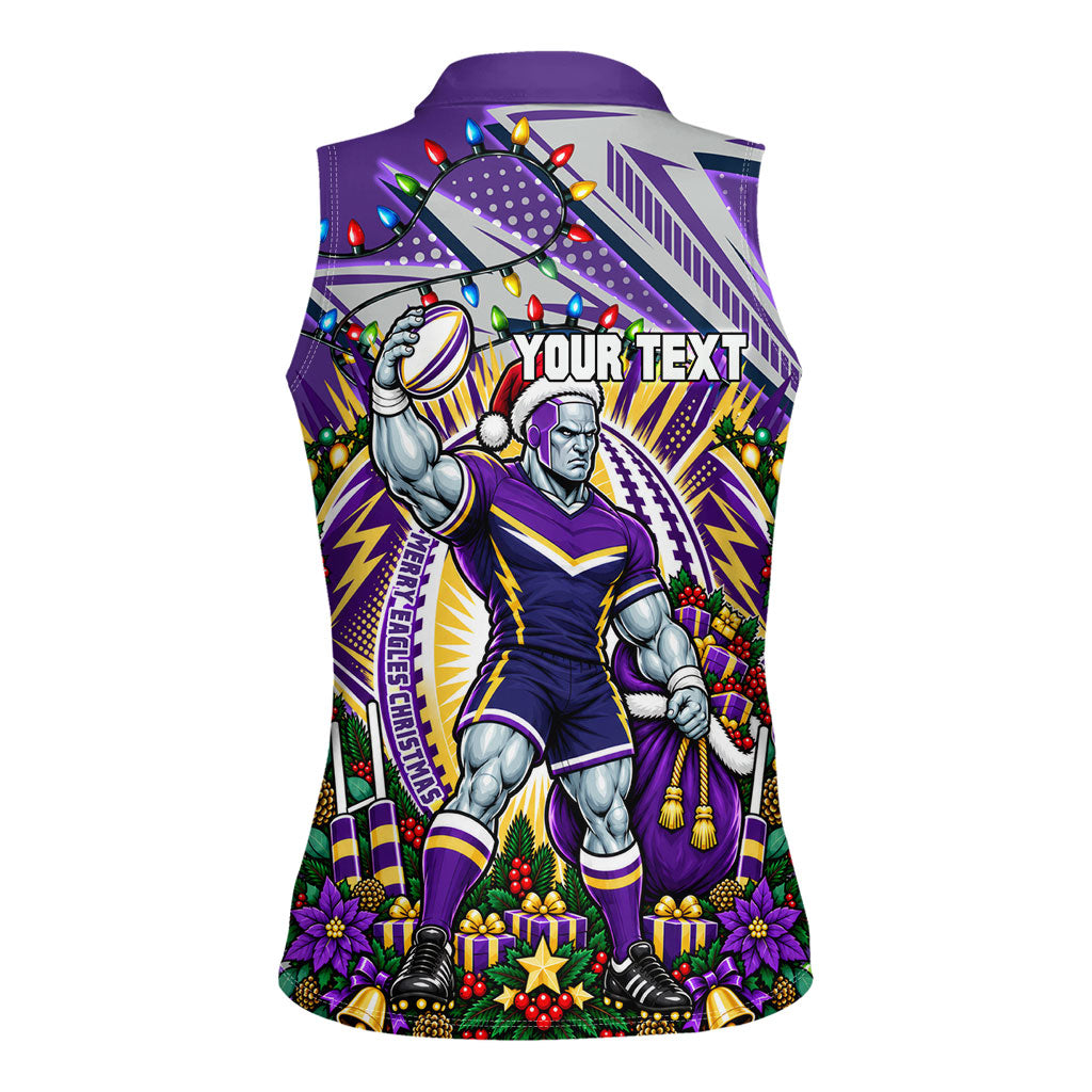 Personalized Melbourne Storm Rugby Christmas Women Sleeveless Polo Shirt Holiday Mascot Graphic Art Festive Lights Bow