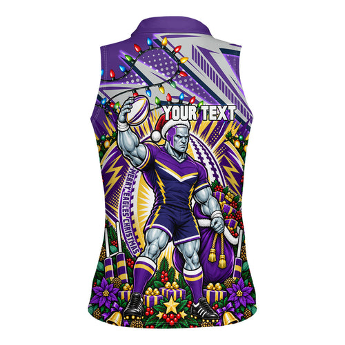 Personalized Melbourne Storm Rugby Christmas Women Sleeveless Polo Shirt Holiday Mascot Graphic Art Festive Lights Bow