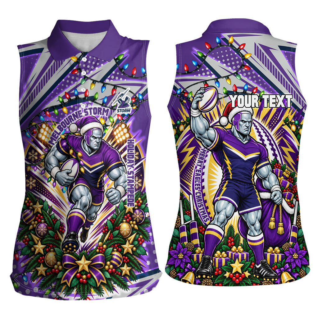 Personalized Melbourne Storm Rugby Christmas Women Sleeveless Polo Shirt Holiday Mascot Graphic Art Festive Lights Bow