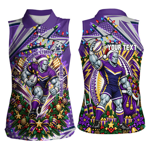 Personalized Melbourne Storm Rugby Christmas Women Sleeveless Polo Shirt Holiday Mascot Graphic Art Festive Lights Bow
