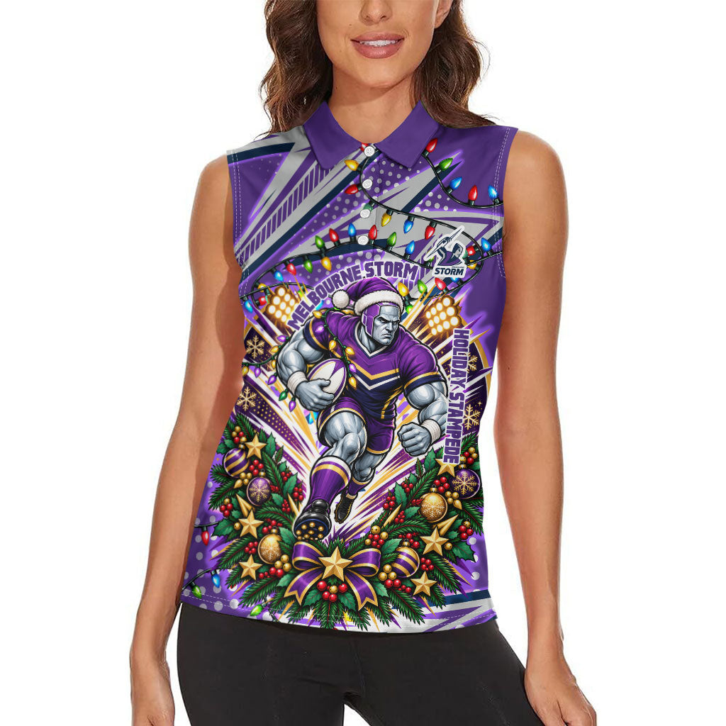 Personalized Melbourne Storm Rugby Christmas Women Sleeveless Polo Shirt Holiday Mascot Graphic Art Festive Lights Bow
