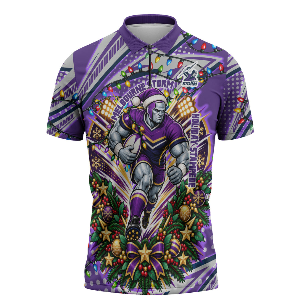 Personalized Melbourne Storm Rugby Christmas Zipper Polo Shirt Holiday Mascot Graphic Art Festive Lights Bow