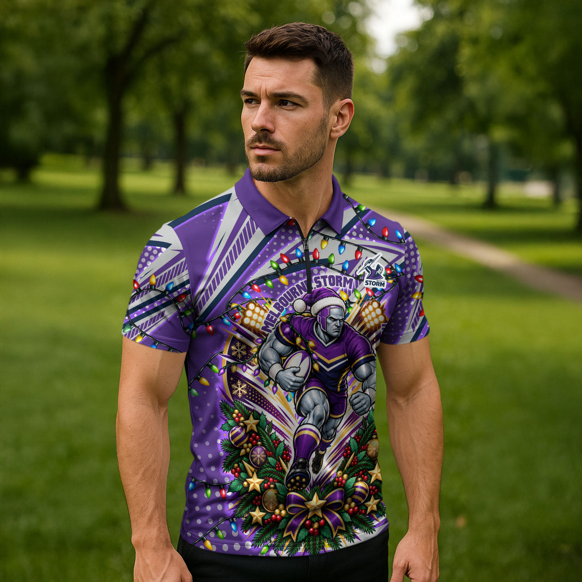 Personalized Melbourne Storm Rugby Christmas Zipper Polo Shirt Holiday Mascot Graphic Art Festive Lights Bow