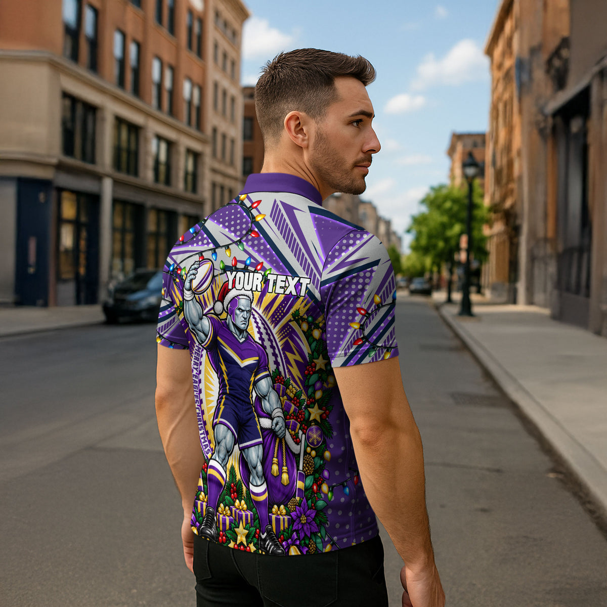 Personalized Melbourne Storm Rugby Christmas Zipper Polo Shirt Holiday Mascot Graphic Art Festive Lights Bow