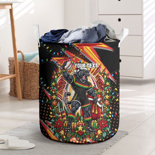 Personalized Penrith Panthers Rugby Christmas Laundry Basket Holiday Mascot Graphic Art Festive Lights Bow