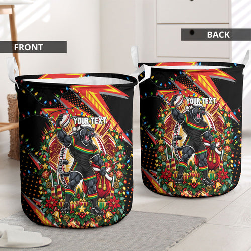 Personalized Penrith Panthers Rugby Christmas Laundry Basket Holiday Mascot Graphic Art Festive Lights Bow
