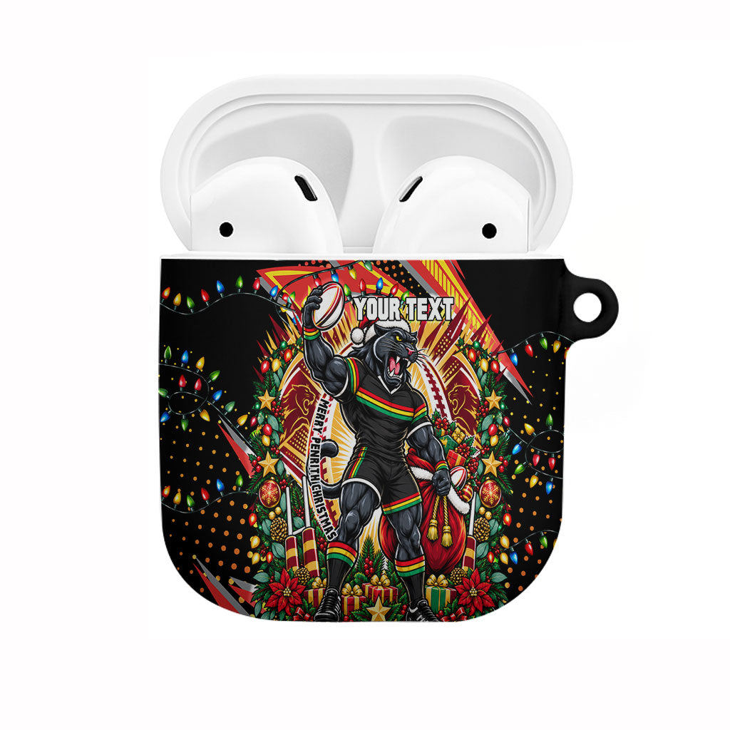 Personalized Penrith Panthers Rugby Christmas AirPods Case Holiday Mascot Graphic Art Festive Lights Bow