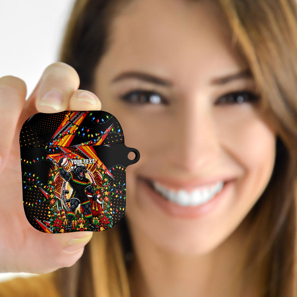 Personalized Penrith Panthers Rugby Christmas AirPods Case Holiday Mascot Graphic Art Festive Lights Bow