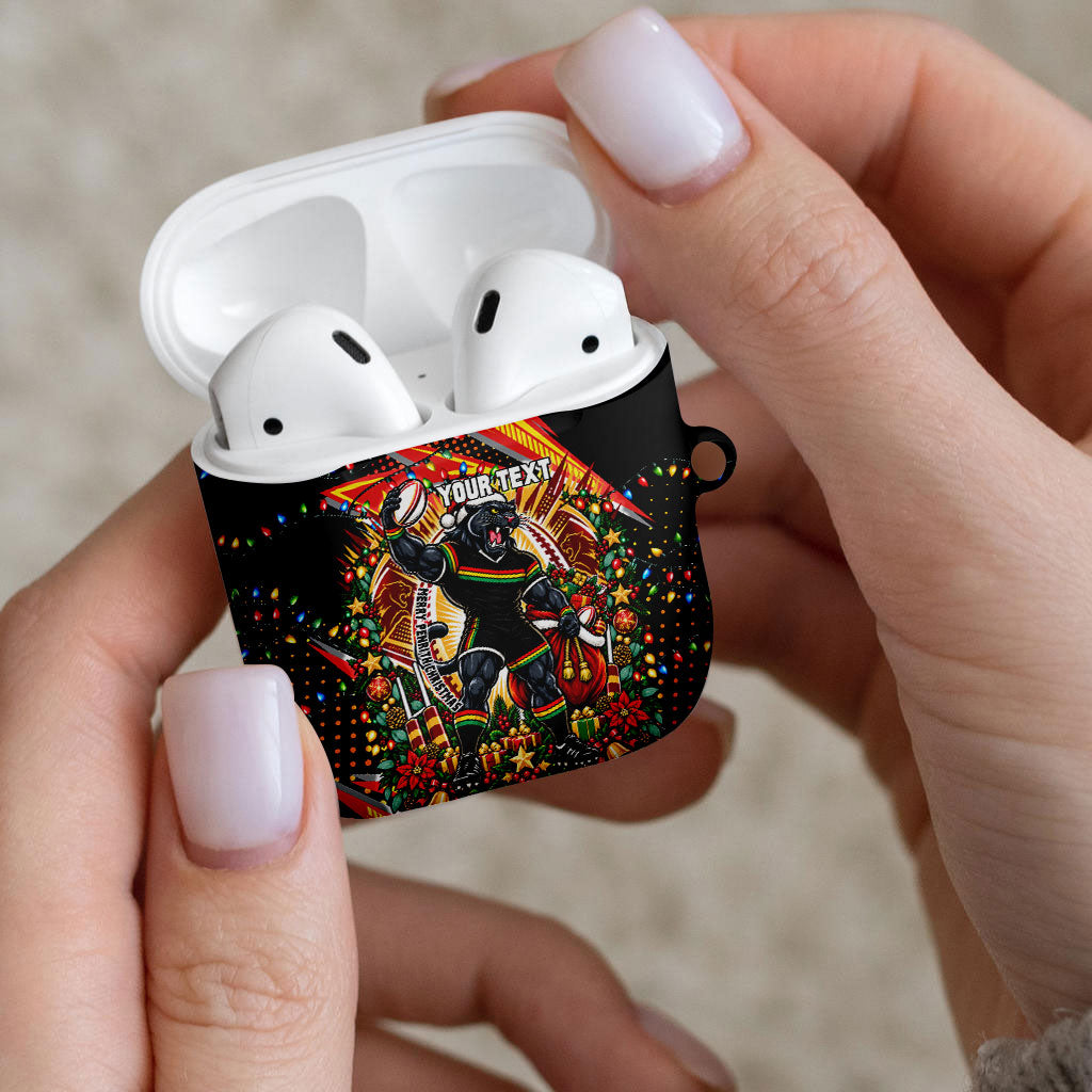 Personalized Penrith Panthers Rugby Christmas AirPods Case Holiday Mascot Graphic Art Festive Lights Bow