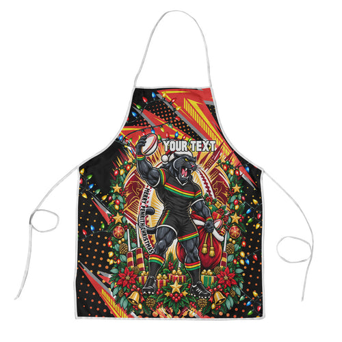 Personalized Penrith Panthers Rugby Christmas Apron Holiday Mascot Graphic Art Festive Lights Bow