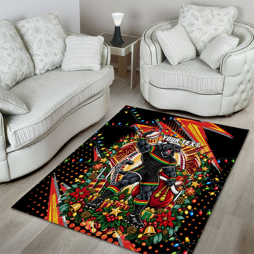 Personalized Penrith Panthers Rugby Christmas Area Rug Holiday Mascot Graphic Art Festive Lights Bow