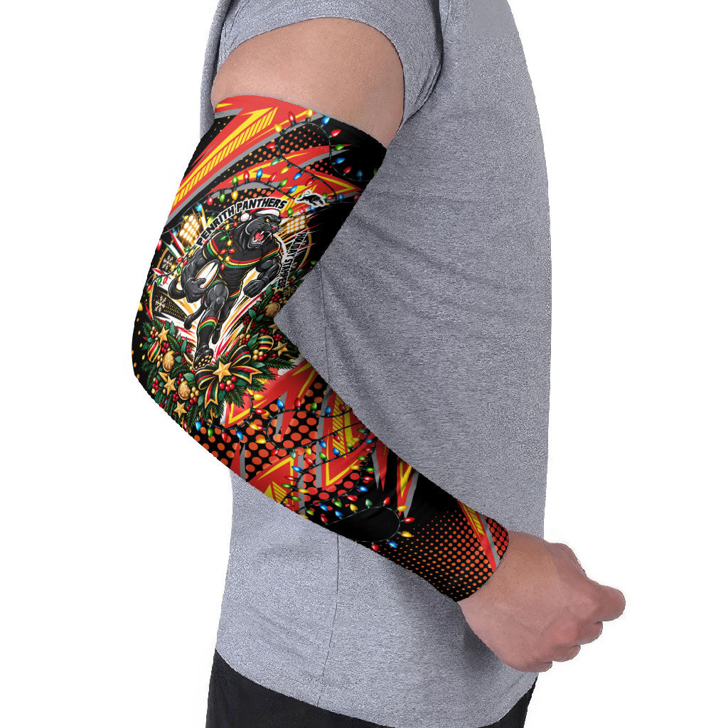 Personalized Penrith Panthers Rugby Christmas Arm Sleeves Holiday Mascot Graphic Art Festive Lights Bow