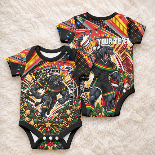 Personalized Penrith Panthers Rugby Christmas Baby Onesie Holiday Mascot Graphic Art Festive Lights Bow