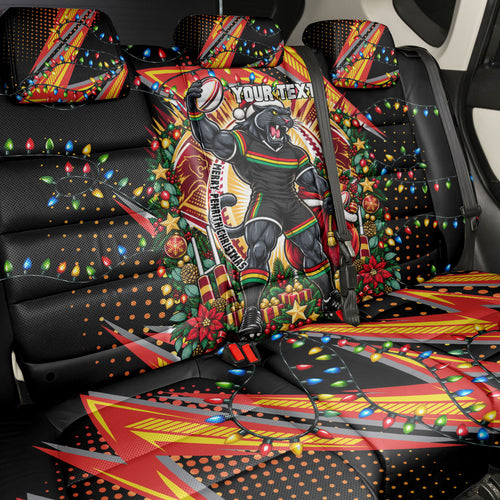 Personalized Penrith Panthers Rugby Christmas Back Car Seat Cover Holiday Mascot Graphic Art Festive Lights Bow