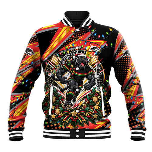 Personalized Penrith Panthers Rugby Christmas Baseball Jacket Holiday Mascot Graphic Art Festive Lights Bow
