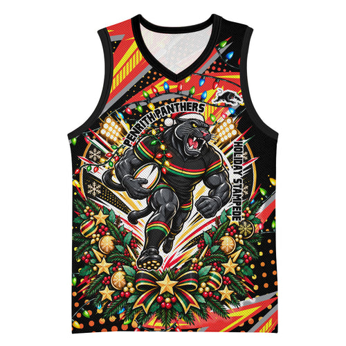 Personalized Penrith Panthers Rugby Christmas Basketball Jersey Holiday Mascot Graphic Art Festive Lights Bow