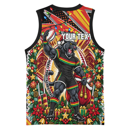 Personalized Penrith Panthers Rugby Christmas Basketball Jersey Holiday Mascot Graphic Art Festive Lights Bow
