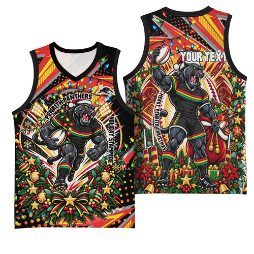 Personalized Penrith Panthers Rugby Christmas Basketball Jersey Holiday Mascot Graphic Art Festive Lights Bow