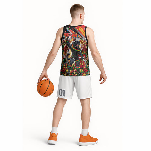Personalized Penrith Panthers Rugby Christmas Basketball Jersey Holiday Mascot Graphic Art Festive Lights Bow