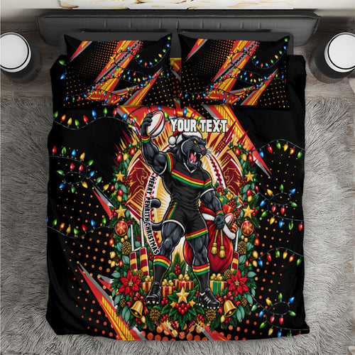 Personalized Penrith Panthers Rugby Christmas Bedding Set Holiday Mascot Graphic Art Festive Lights Bow