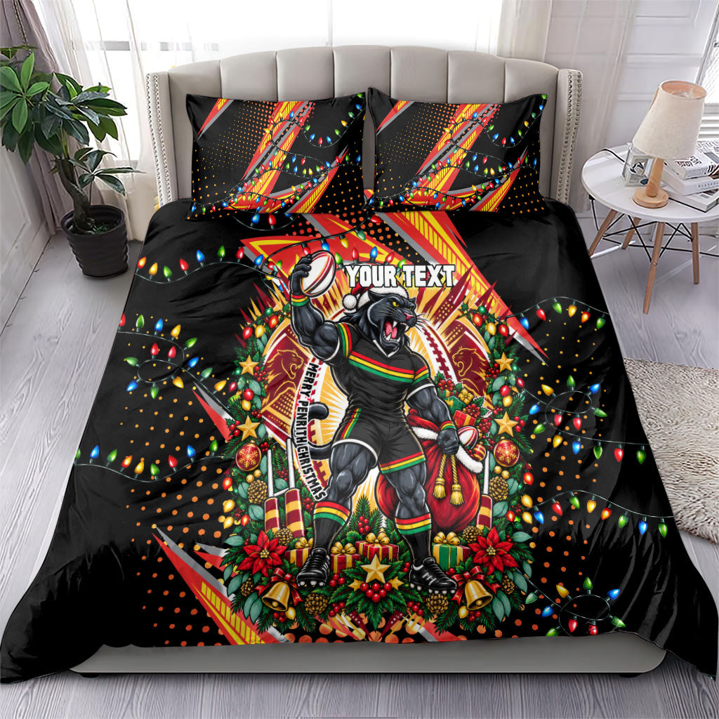 Personalized Penrith Panthers Rugby Christmas Bedding Set Holiday Mascot Graphic Art Festive Lights Bow