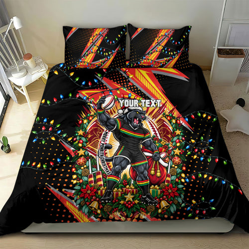 Personalized Penrith Panthers Rugby Christmas Bedding Set Holiday Mascot Graphic Art Festive Lights Bow