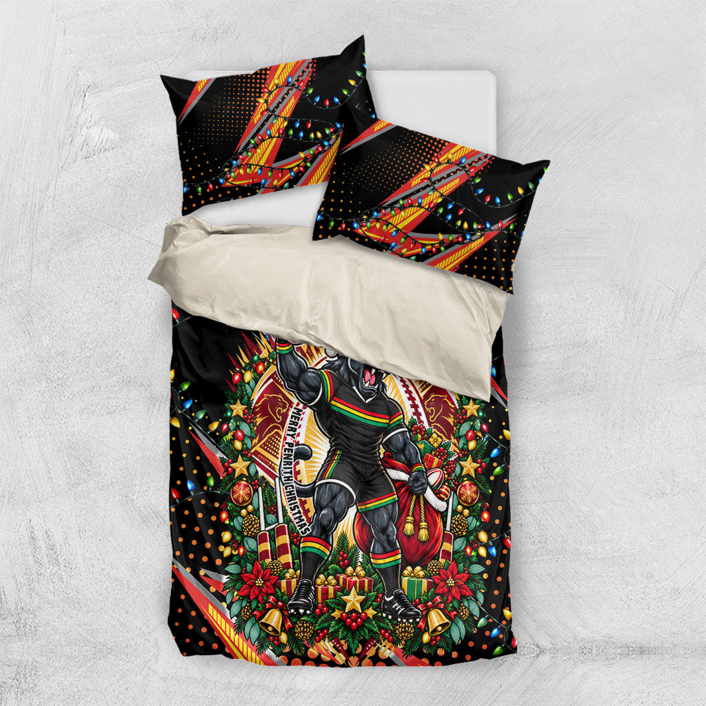 Personalized Penrith Panthers Rugby Christmas Bedding Set Holiday Mascot Graphic Art Festive Lights Bow