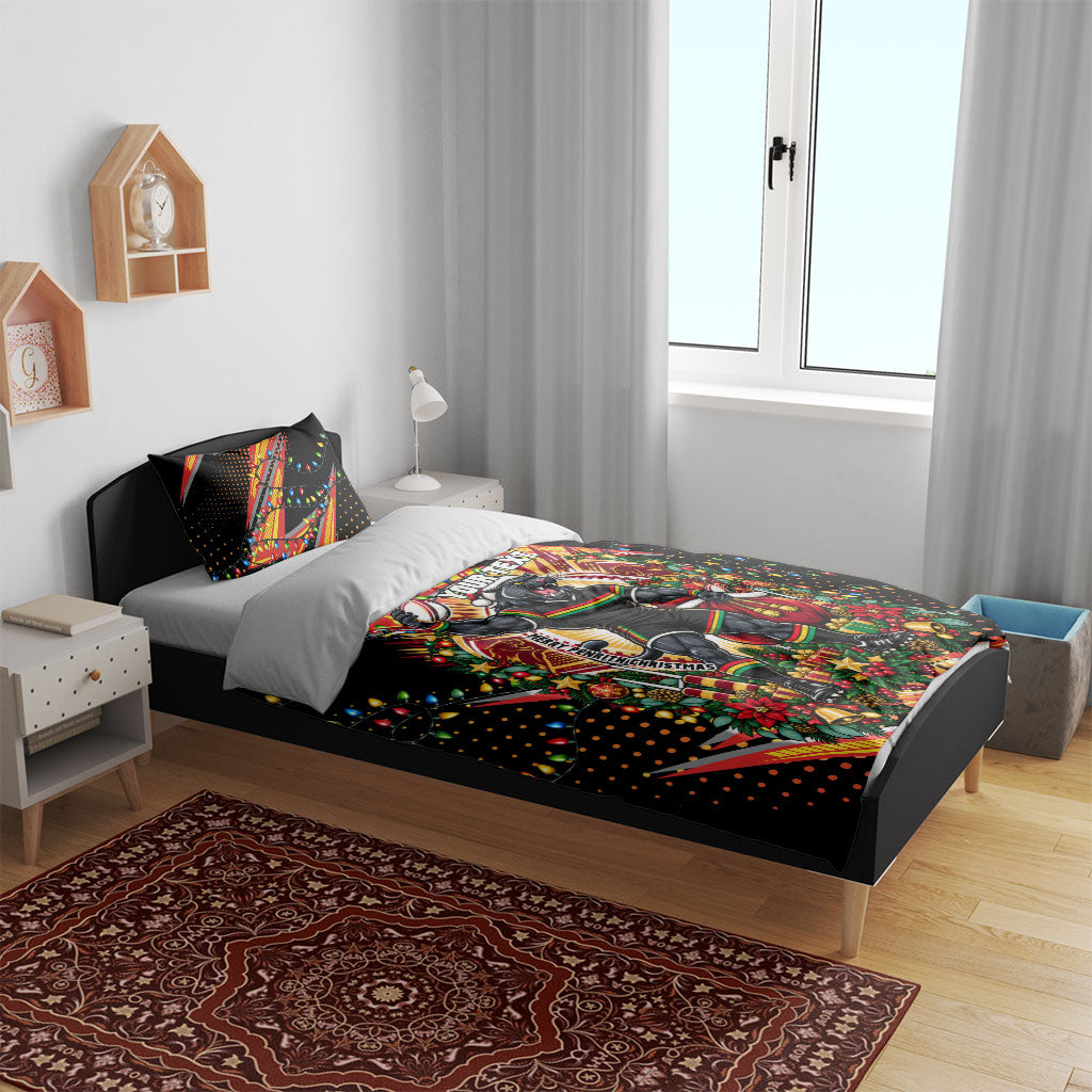 Personalized Penrith Panthers Rugby Christmas Bedding Set Holiday Mascot Graphic Art Festive Lights Bow