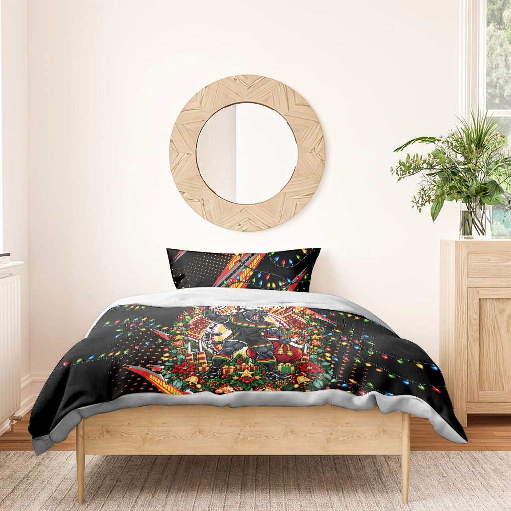 Personalized Penrith Panthers Rugby Christmas Bedding Set Holiday Mascot Graphic Art Festive Lights Bow