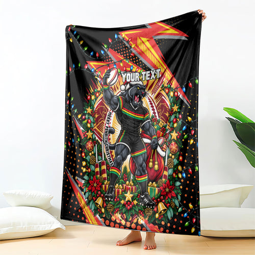 Personalized Penrith Panthers Rugby Christmas Blanket Holiday Mascot Graphic Art Festive Lights Bow