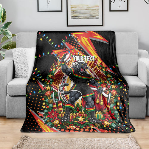 Personalized Penrith Panthers Rugby Christmas Blanket Holiday Mascot Graphic Art Festive Lights Bow