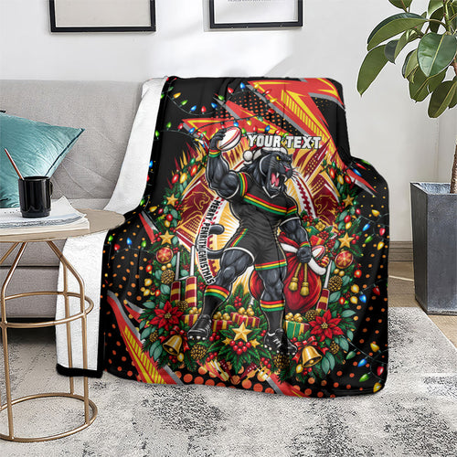Personalized Penrith Panthers Rugby Christmas Blanket Holiday Mascot Graphic Art Festive Lights Bow