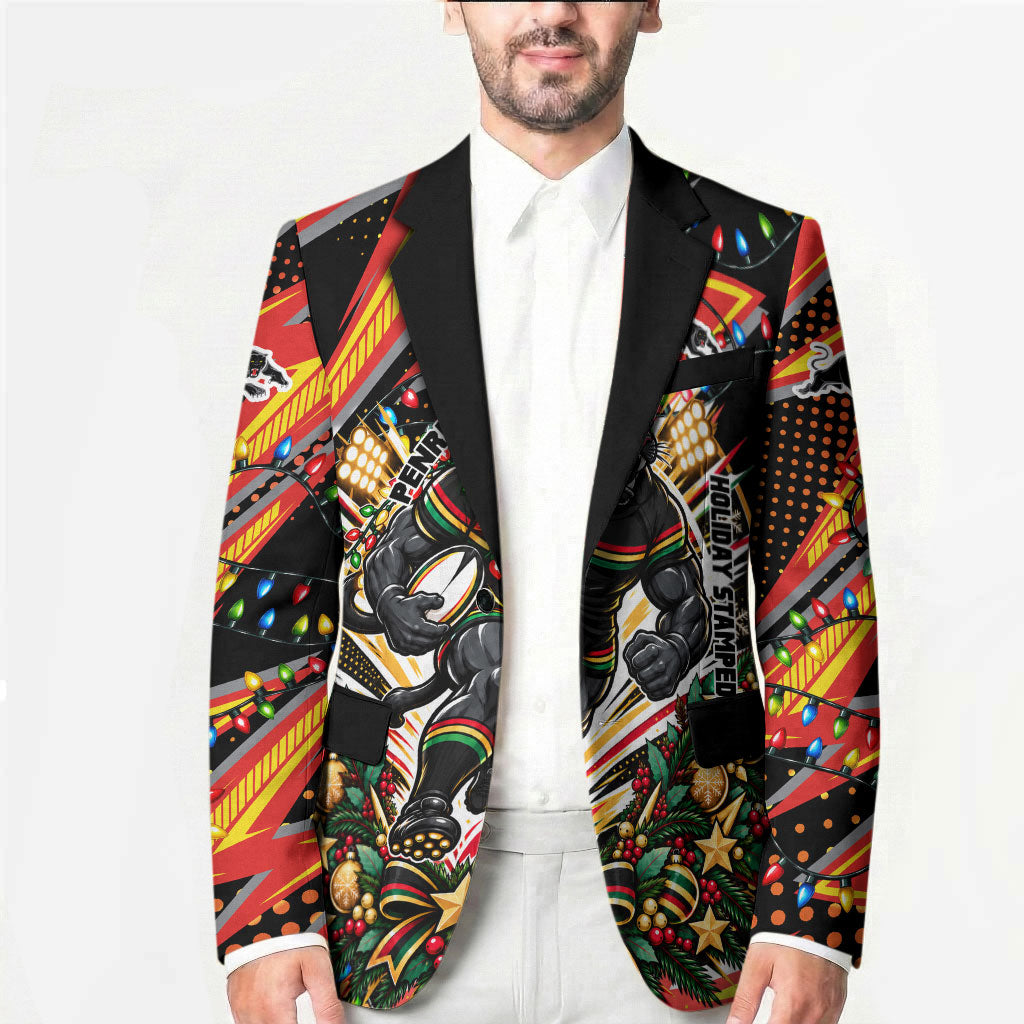 Personalized Penrith Panthers Rugby Christmas Blazer Holiday Mascot Graphic Art Festive Lights Bow