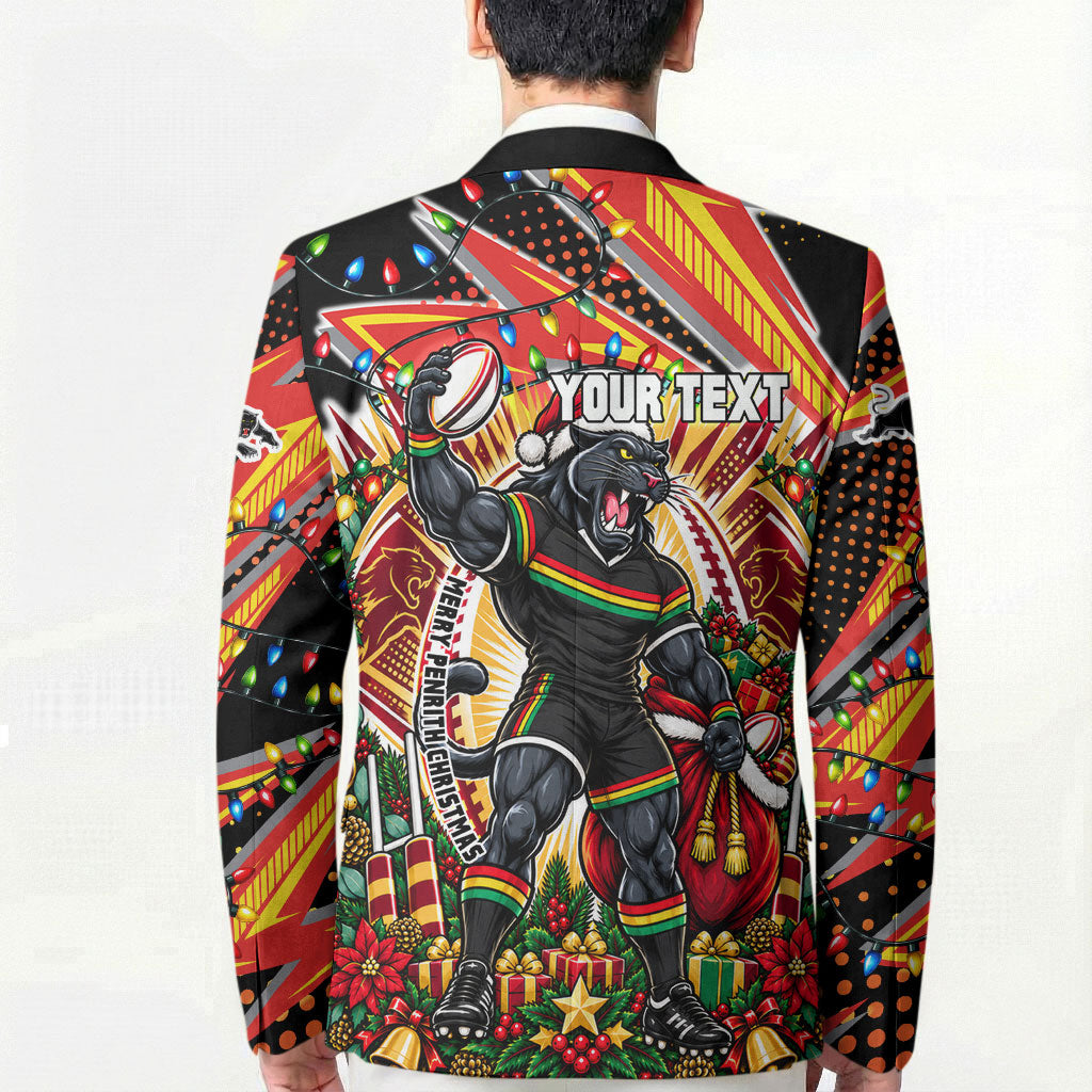 Personalized Penrith Panthers Rugby Christmas Blazer Holiday Mascot Graphic Art Festive Lights Bow