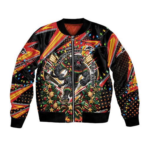 Personalized Penrith Panthers Rugby Christmas Bomber Jacket Holiday Mascot Graphic Art Festive Lights Bow