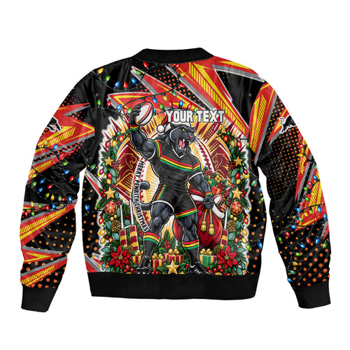 Personalized Penrith Panthers Rugby Christmas Bomber Jacket Holiday Mascot Graphic Art Festive Lights Bow