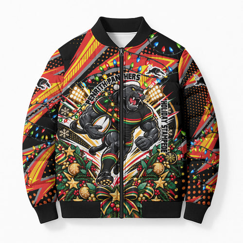 Personalized Penrith Panthers Rugby Christmas Bomber Puffer Jacket Holiday Mascot Graphic Art Festive Lights Bow